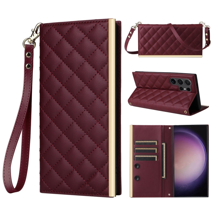 For Samsung Galaxy S24 Ultra 5G Crossbody Rhombic Sucker Leather Phone Case(Claret) - HoMEdemic™ 
