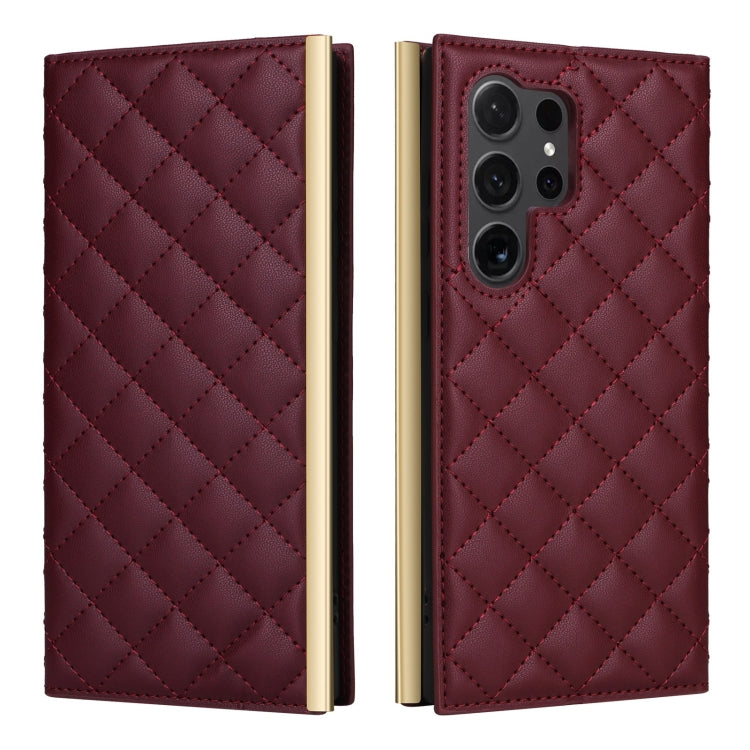 For Samsung Galaxy S24 Ultra 5G Crossbody Rhombic Sucker Leather Phone Case(Claret) - HoMEdemic™ 