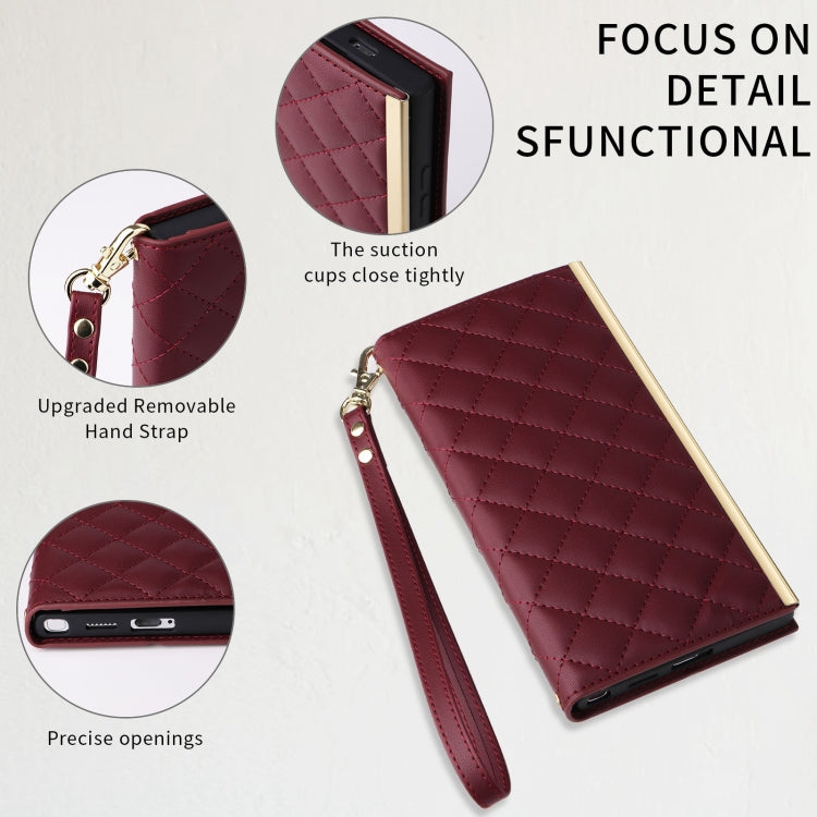 For Samsung Galaxy S24 Ultra 5G Crossbody Rhombic Sucker Leather Phone Case(Claret) - HoMEdemic™ 