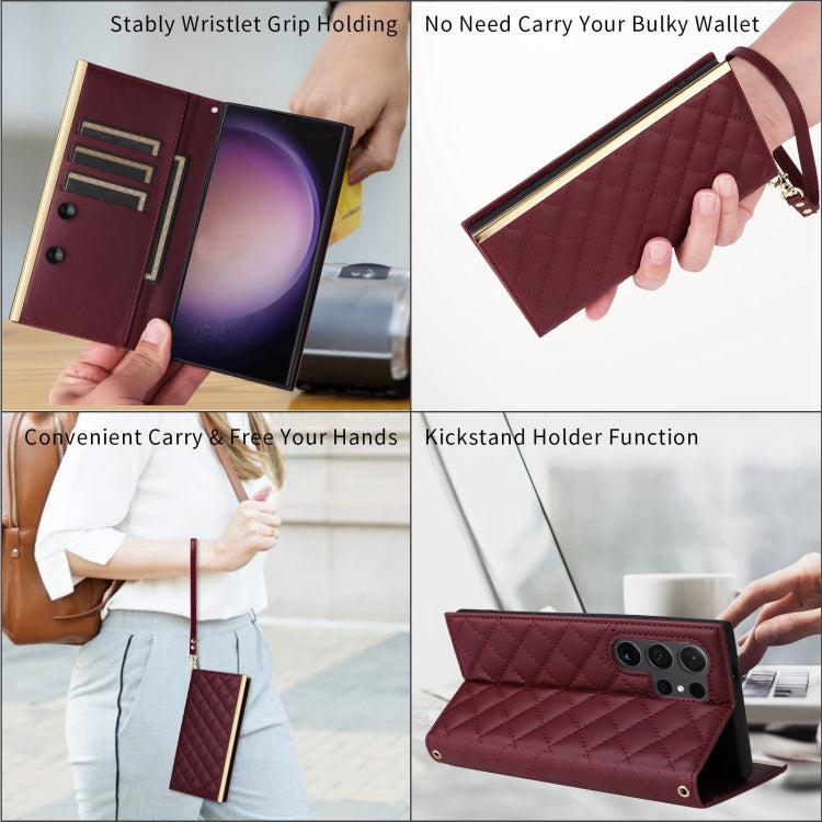For Samsung Galaxy S24 Ultra 5G Crossbody Rhombic Sucker Leather Phone Case(Claret) - HoMEdemic™ 