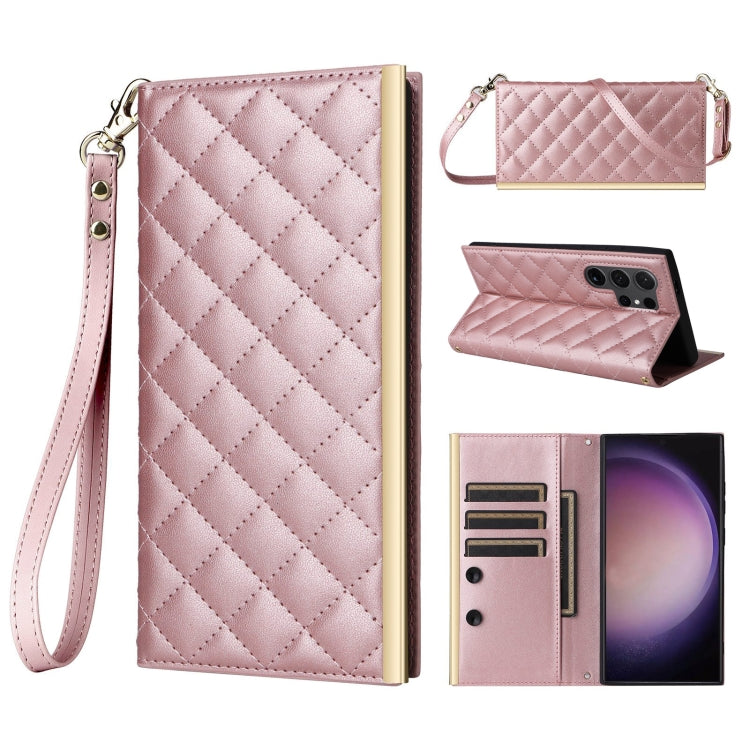 For Samsung Galaxy S24 Ultra 5G Crossbody Rhombic Sucker Leather Phone Case(Rose Gold) - HoMEdemic™ 