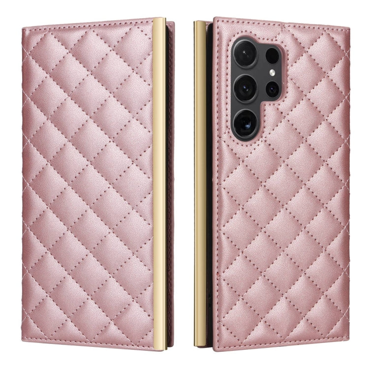 For Samsung Galaxy S24 Ultra 5G Crossbody Rhombic Sucker Leather Phone Case(Rose Gold) - HoMEdemic™ 