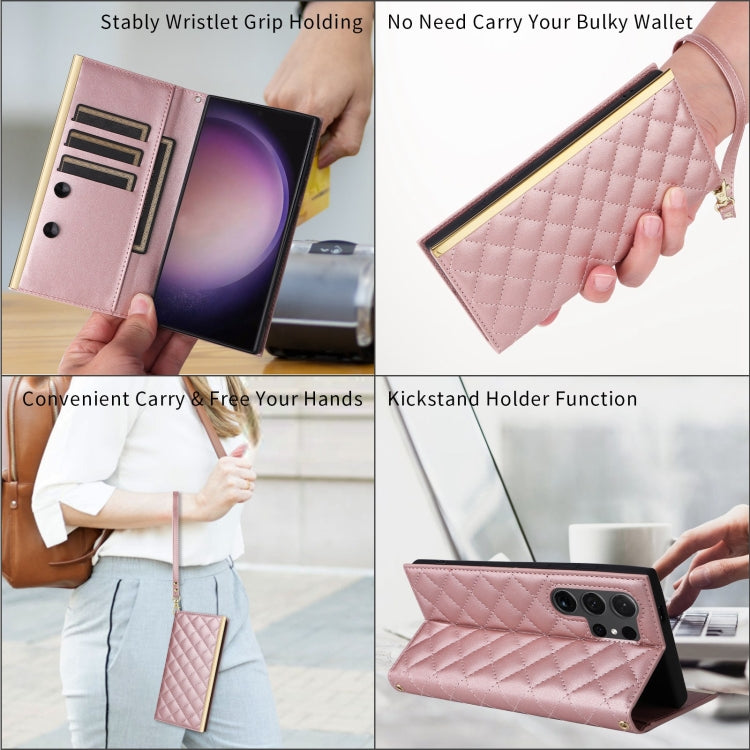 For Samsung Galaxy S24 Ultra 5G Crossbody Rhombic Sucker Leather Phone Case(Rose Gold) - HoMEdemic™ 