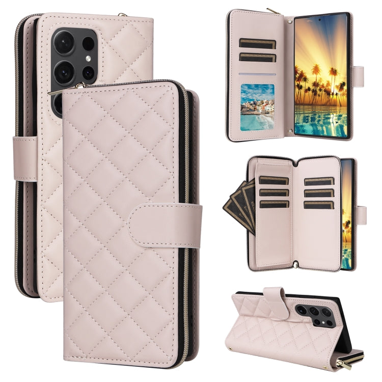 For Samsung Galaxy S24 Ultra 5G Crossbody Rhombic Zipper Tower Buckle Leather Phone Case with Lanyard(Beige) - HoMEdemic™ 