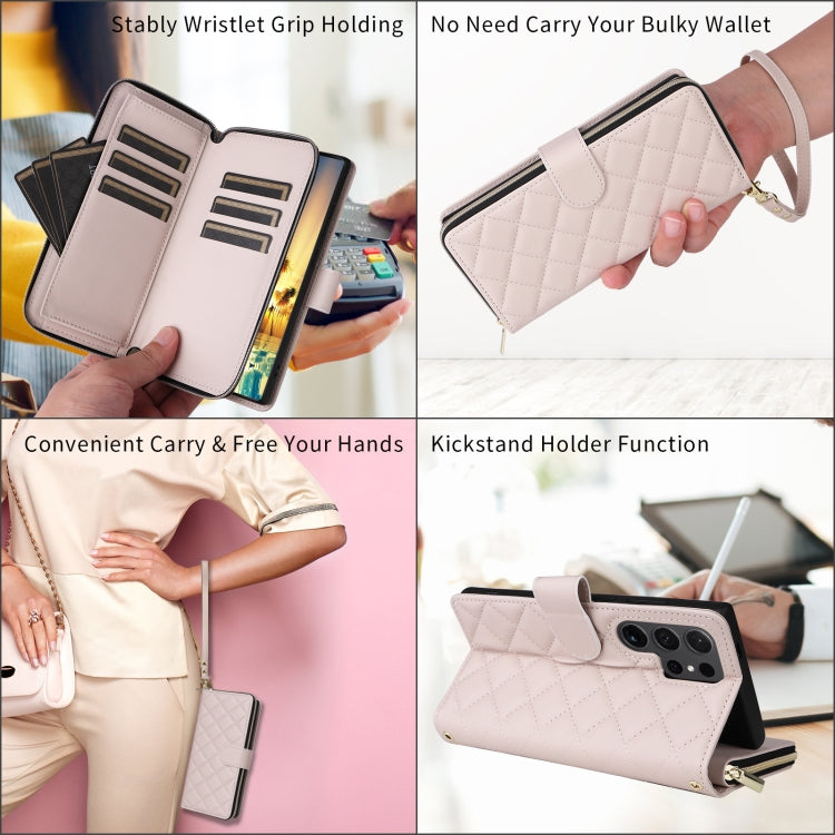 For Samsung Galaxy S24 Ultra 5G Crossbody Rhombic Zipper Tower Buckle Leather Phone Case with Lanyard(Beige) - HoMEdemic™ 