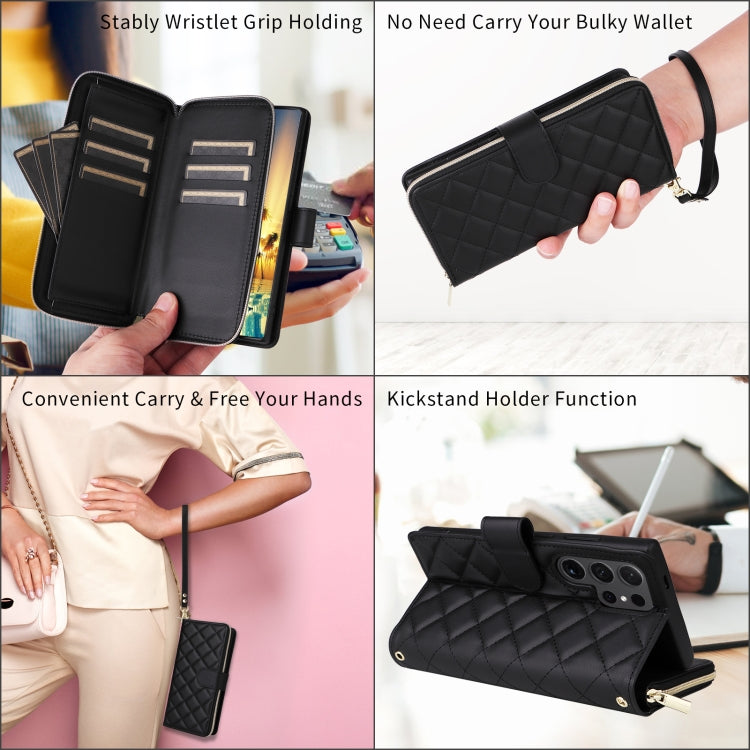 For Samsung Galaxy S24 Ultra 5G Crossbody Rhombic Zipper Tower Buckle Leather Phone Case with Lanyard(Black) - HoMEdemic™ 
