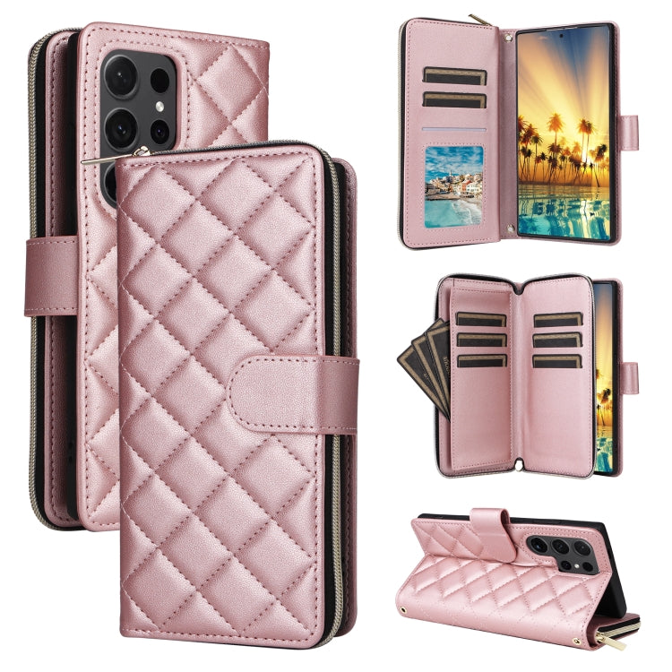 For Samsung Galaxy S24 Ultra 5G Crossbody Rhombic Zipper Tower Buckle Leather Phone Case with Lanyard(Rose Gold) - HoMEdemic™ 