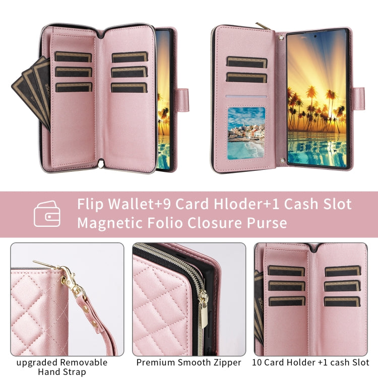 For Samsung Galaxy S24 Ultra 5G Crossbody Rhombic Zipper Tower Buckle Leather Phone Case with Lanyard(Rose Gold) - HoMEdemic™ 