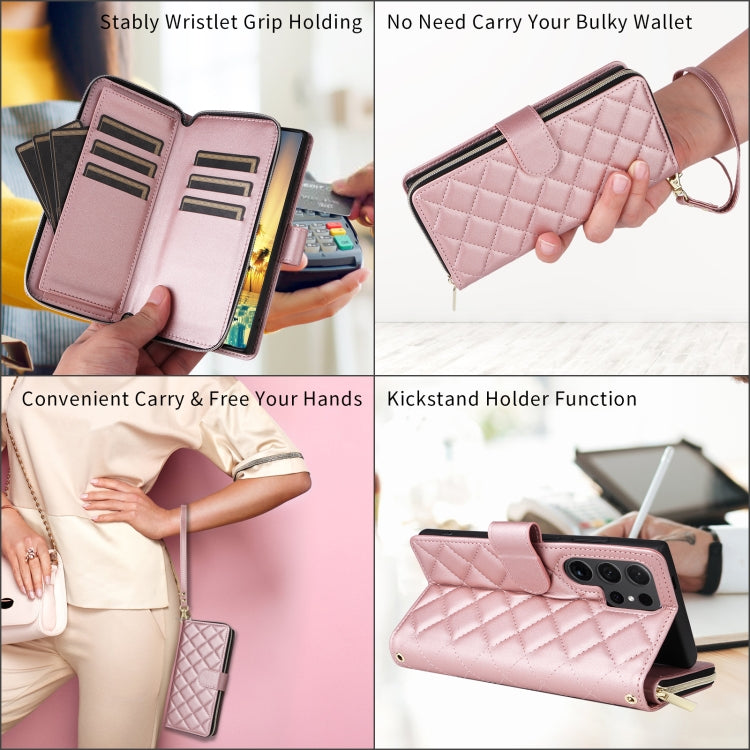 For Samsung Galaxy S24 Ultra 5G Crossbody Rhombic Zipper Tower Buckle Leather Phone Case with Lanyard(Rose Gold) - HoMEdemic™ 
