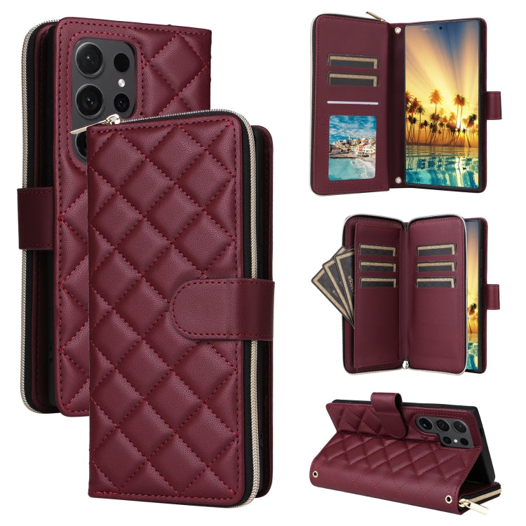 For Samsung Galaxy S24 Ultra 5G Crossbody Rhombic Zipper Tower Buckle Leather Phone Case with Lanyard(Wine Red) - HoMEdemic™ 