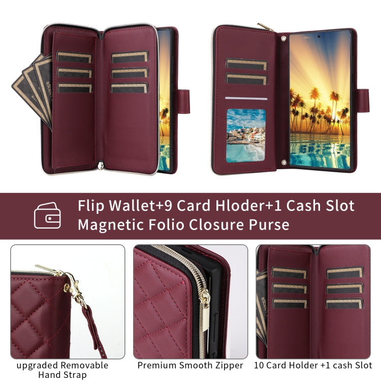 For Samsung Galaxy S24 Ultra 5G Crossbody Rhombic Zipper Tower Buckle Leather Phone Case with Lanyard(Wine Red) - HoMEdemic™ 