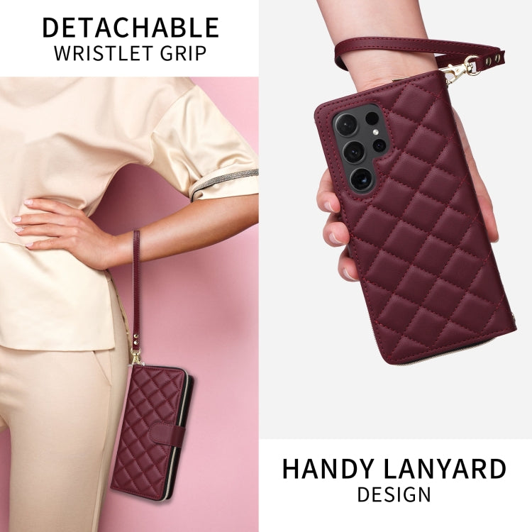 For Samsung Galaxy S24 Ultra 5G Crossbody Rhombic Zipper Tower Buckle Leather Phone Case with Lanyard(Wine Red) - HoMEdemic™ 