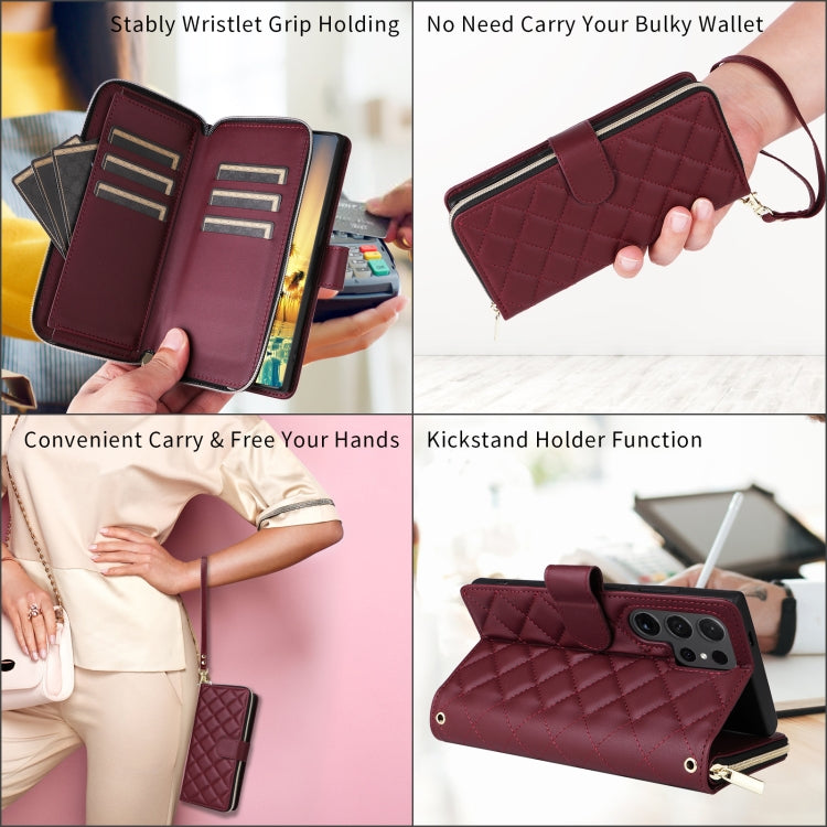For Samsung Galaxy S24 Ultra 5G Crossbody Rhombic Zipper Tower Buckle Leather Phone Case with Lanyard(Wine Red) - HoMEdemic™ 