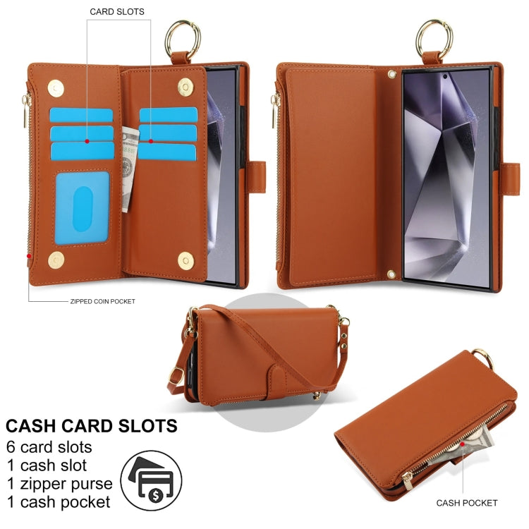 For Samsung Galaxy S24 Ultra 5G Crossbody Ring Multifunctional Wallet Leather Phone Case(Brown) - HoMEdemic™ 