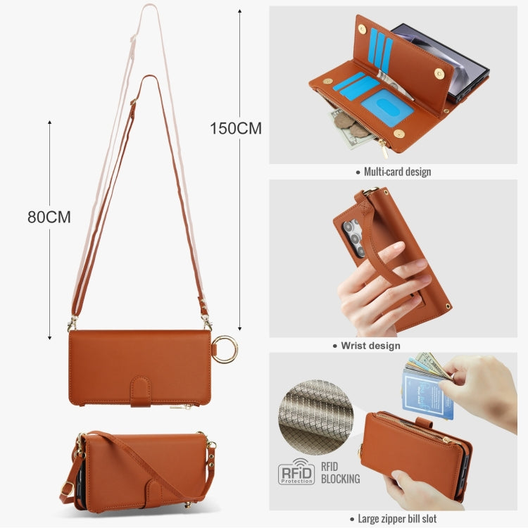 For Samsung Galaxy S24 Ultra 5G Crossbody Ring Multifunctional Wallet Leather Phone Case(Brown) - HoMEdemic™ 