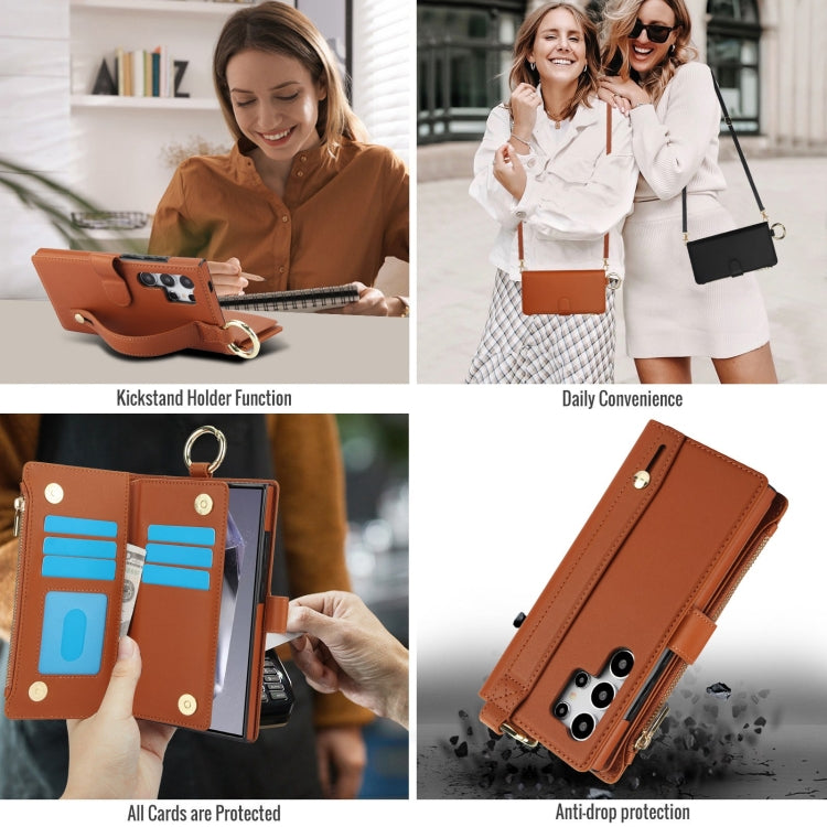 For Samsung Galaxy S24 Ultra 5G Crossbody Ring Multifunctional Wallet Leather Phone Case(Brown) - HoMEdemic™ 