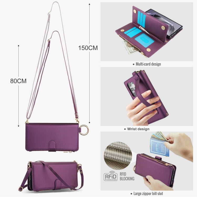 For Samsung Galaxy S24 Ultra 5G Crossbody Ring Multifunctional Wallet Leather Phone Case(Dark Purple) - HoMEdemic™ 