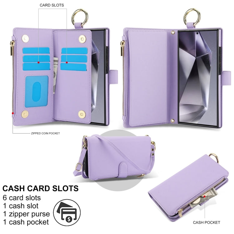 For Samsung Galaxy S24 Ultra 5G Crossbody Ring Multifunctional Wallet Leather Phone Case(Purple) - HoMEdemic™ 