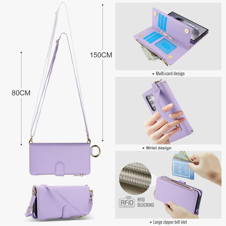 For Samsung Galaxy S24 Ultra 5G Crossbody Ring Multifunctional Wallet Leather Phone Case(Purple) - HoMEdemic™ 