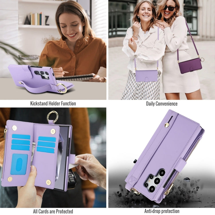 For Samsung Galaxy S24 Ultra 5G Crossbody Ring Multifunctional Wallet Leather Phone Case(Purple) - HoMEdemic™ 