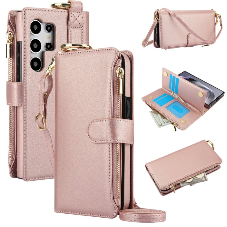 For Samsung Galaxy S24 Ultra 5G Crossbody Ring Multifunctional Wallet Leather Phone Case(Rose Gold) - HoMEdemic™ 