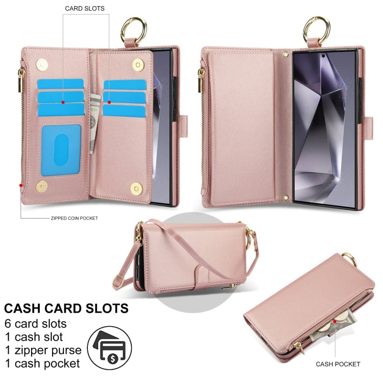 For Samsung Galaxy S24 Ultra 5G Crossbody Ring Multifunctional Wallet Leather Phone Case(Rose Gold) - HoMEdemic™ 