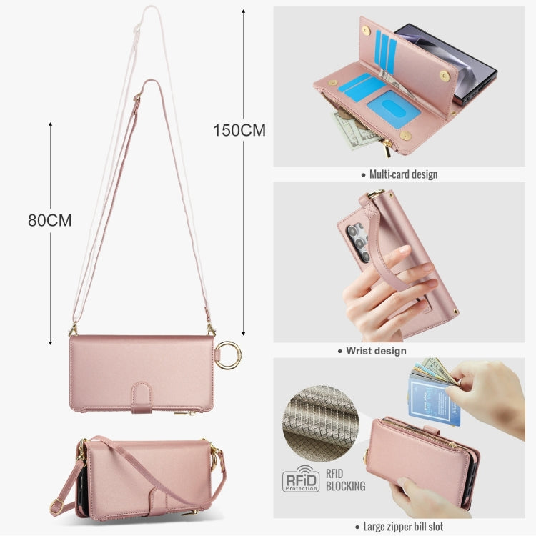 For Samsung Galaxy S24 Ultra 5G Crossbody Ring Multifunctional Wallet Leather Phone Case(Rose Gold) - HoMEdemic™ 