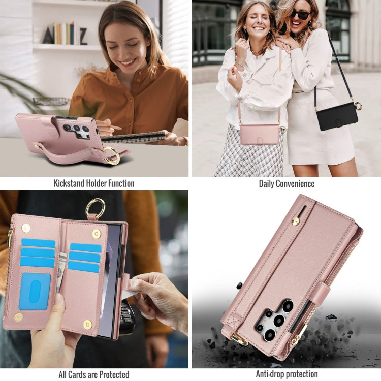 For Samsung Galaxy S24 Ultra 5G Crossbody Ring Multifunctional Wallet Leather Phone Case(Rose Gold) - HoMEdemic™ 