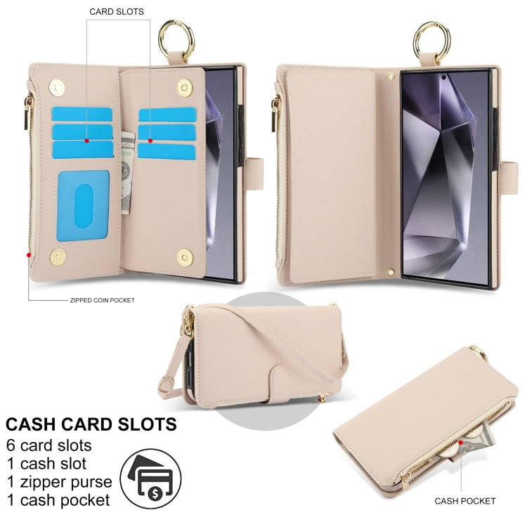 For Samsung Galaxy S24 Ultra 5G Crossbody Ring Multifunctional Wallet Leather Phone Case(White) - HoMEdemic™ 