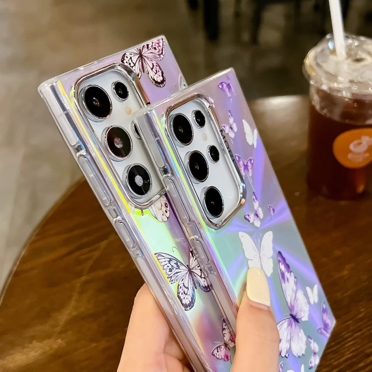 For Samsung Galaxy S24 Ultra 5G Electroplating Laser Butterfly Phone Case(White Purple Butterflies AB6) - HoMEdemic™ 