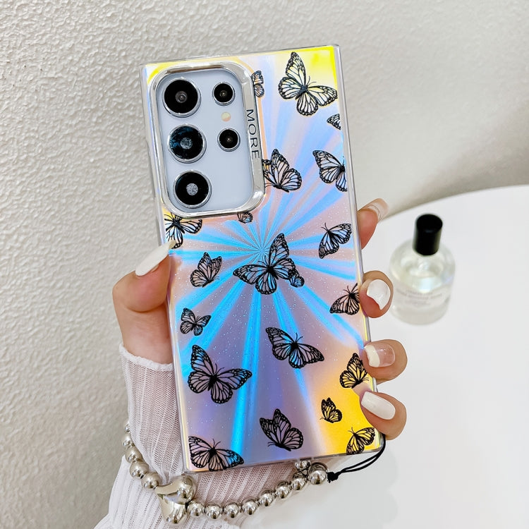 For Samsung Galaxy S24 Ultra 5G Electroplating Laser Butterfly Phone Case with Wrist Strap(Black Butterflies AB5) - HoMEdemic™ 