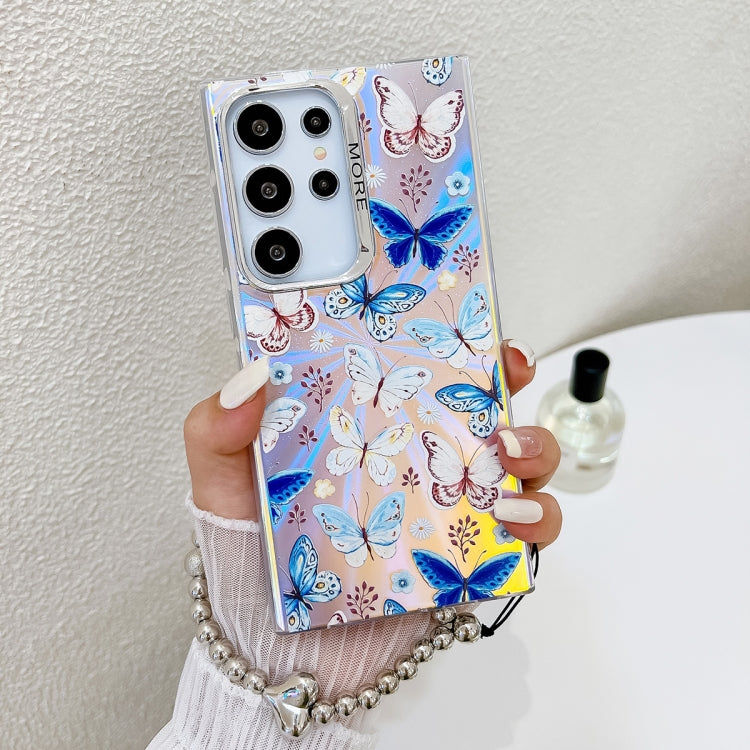 For Samsung Galaxy S24 Ultra 5G Electroplating Laser Butterfly Phone Case with Wrist Strap(Blue Butterflies AB4) - HoMEdemic™ 