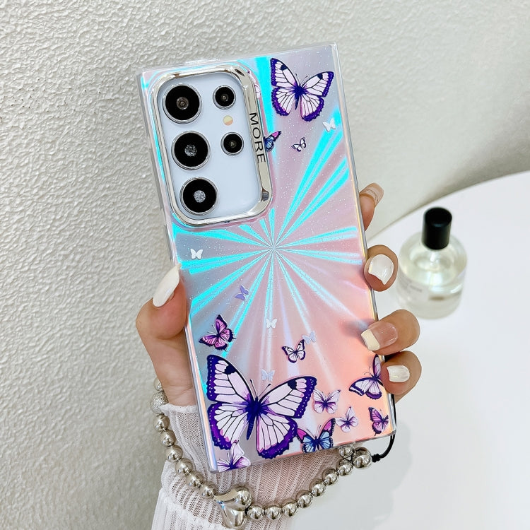 For Samsung Galaxy S24 Ultra 5G Electroplating Laser Butterfly Phone Case with Wrist Strap(Purple Butterflies AB3) - HoMEdemic™ 