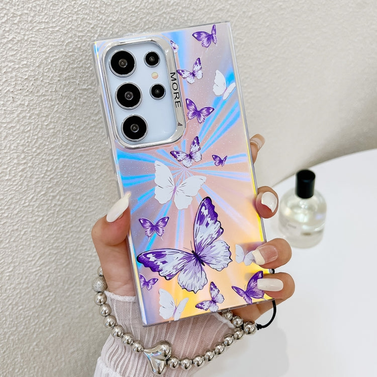For Samsung Galaxy S24 Ultra 5G Electroplating Laser Butterfly Phone Case with Wrist Strap(White Purple Butterflies AB6) - HoMEdemic™ 