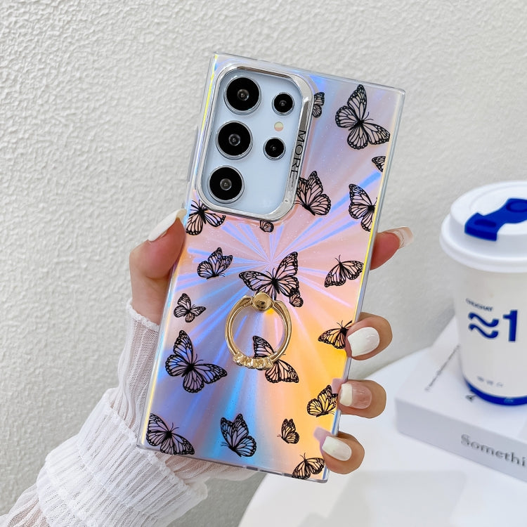 For Samsung Galaxy S24 Ultra 5G Electroplating Laser Butterfly Ring Holder Phone Case(Black Butterflies AB5) - HoMEdemic™ 