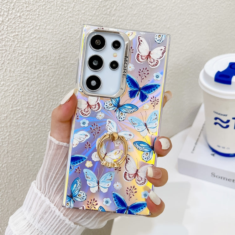 For Samsung Galaxy S24 Ultra 5G Electroplating Laser Butterfly Ring Holder Phone Case(Blue Butterflies AB4) - HoMEdemic™ 