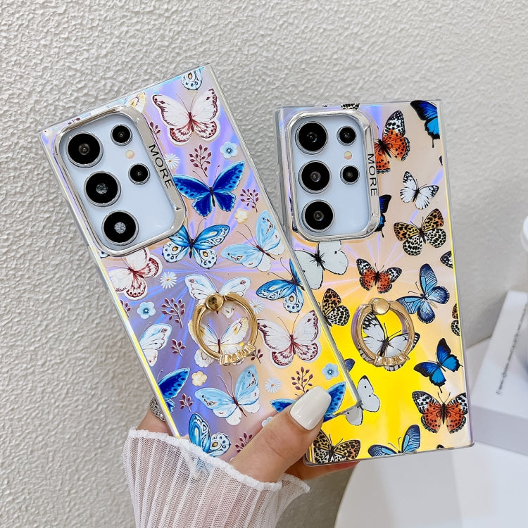 For Samsung Galaxy S24 Ultra 5G Electroplating Laser Butterfly Ring Holder Phone Case(Blue Butterflies AB4) - HoMEdemic™ 