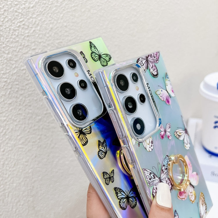 For Samsung Galaxy S24 Ultra 5G Electroplating Laser Butterfly Ring Holder Phone Case(Blue Butterflies AB4) - HoMEdemic™ 