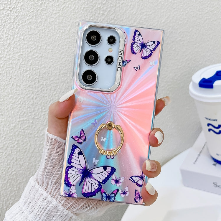 For Samsung Galaxy S24 Ultra 5G Electroplating Laser Butterfly Ring Holder Phone Case(Purple Butterflies AB3) - HoMEdemic™ 