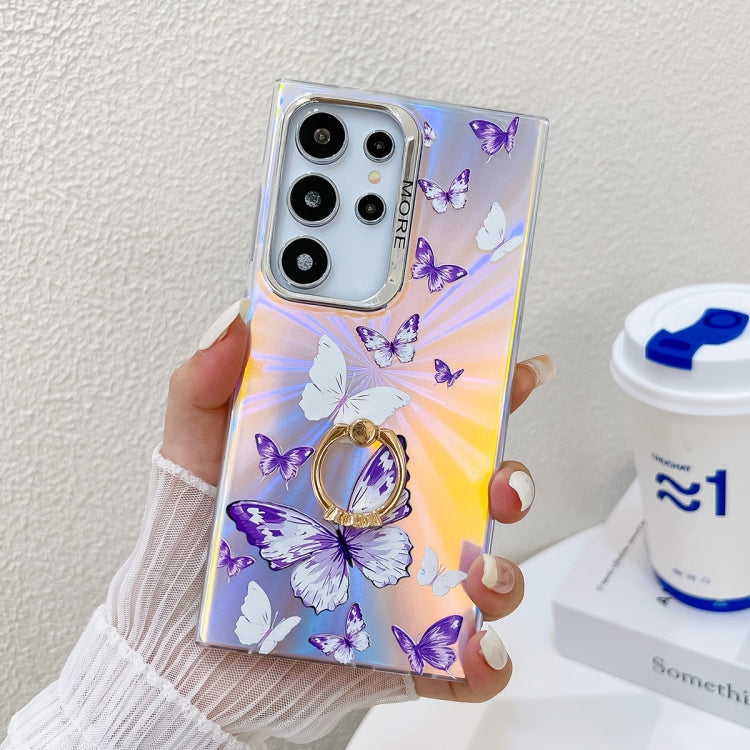 For Samsung Galaxy S24 Ultra 5G Electroplating Laser Butterfly Ring Holder Phone Case(White Purple Butterflies AB6) - HoMEdemic™ 
