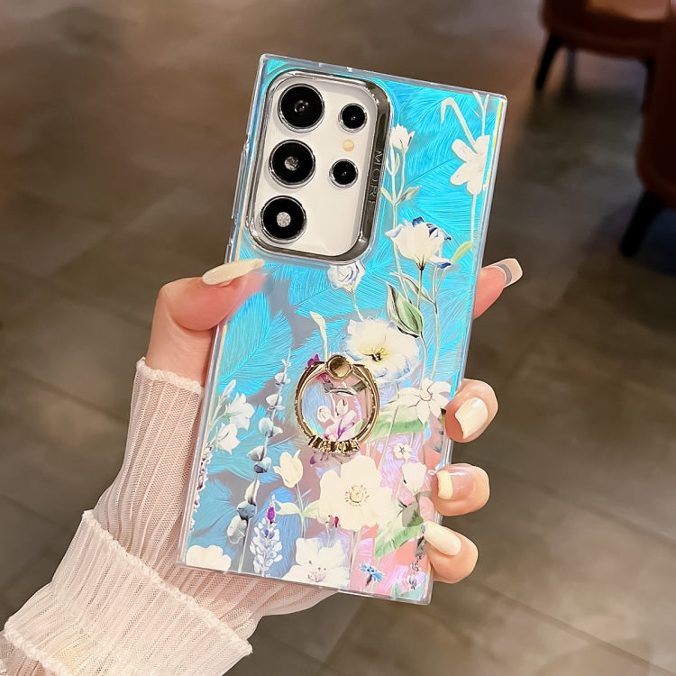 For Samsung Galaxy S24 Ultra 5G Electroplating Laser Flower Ring Holder TPU Phone Case(Blue Flower AH8) - HoMEdemic™ 
