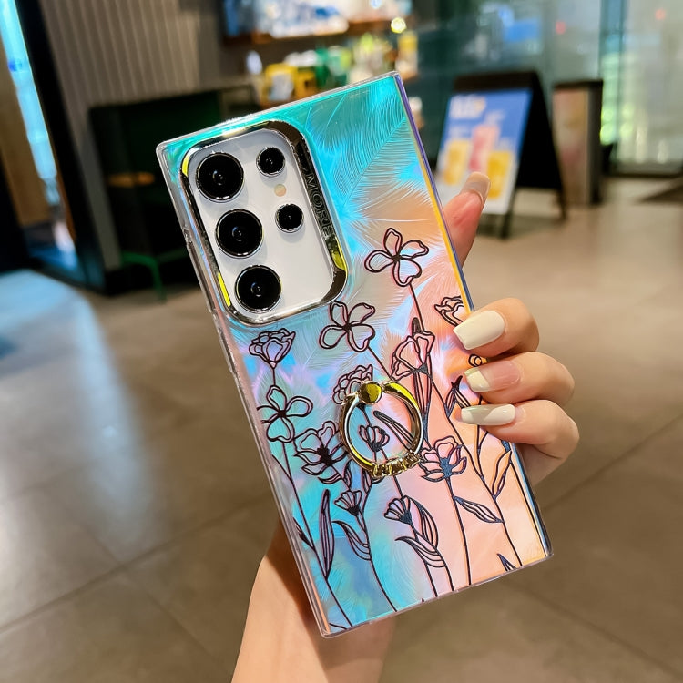 For Samsung Galaxy S24 Ultra 5G Electroplating Laser Flower Ring Holder TPU Phone Case(Drawn Flowers AH3) - HoMEdemic™ 