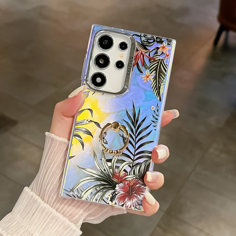 For Samsung Galaxy S24 Ultra 5G Electroplating Laser Flower Ring Holder TPU Phone Case(Leaves AH12) - HoMEdemic™ 