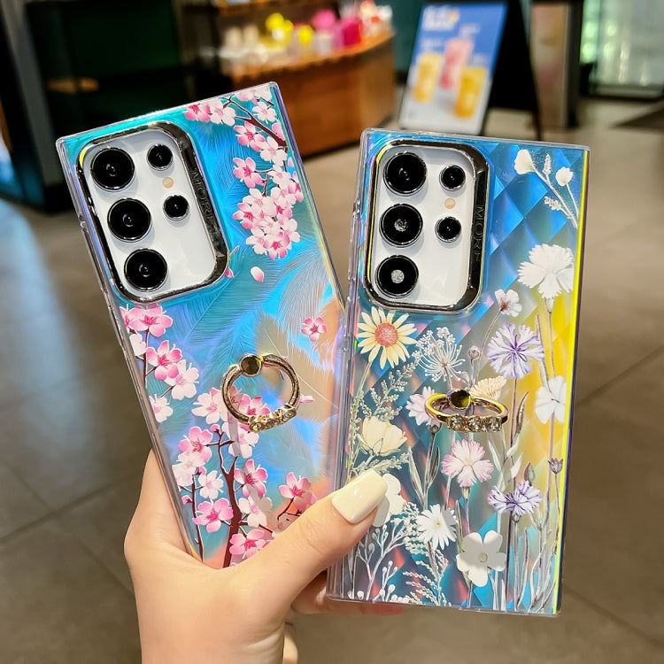 For Samsung Galaxy S24 Ultra 5G Electroplating Laser Flower Ring Holder TPU Phone Case(Myosotis AH2) - HoMEdemic™ 