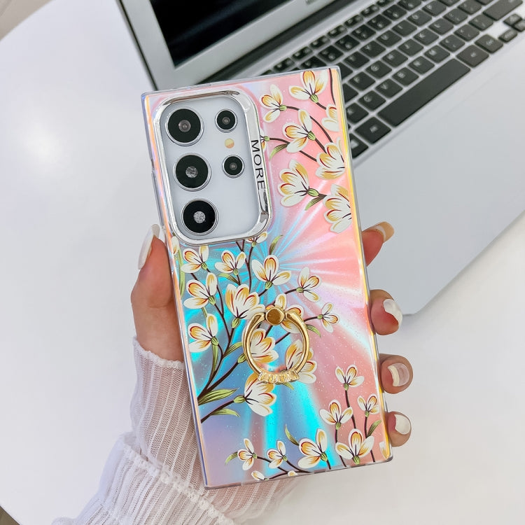 For Samsung Galaxy S24 Ultra 5G Electroplating Laser Flower Ring Holder TPU Phone Case(Pear Blossom AH17) - HoMEdemic™ 