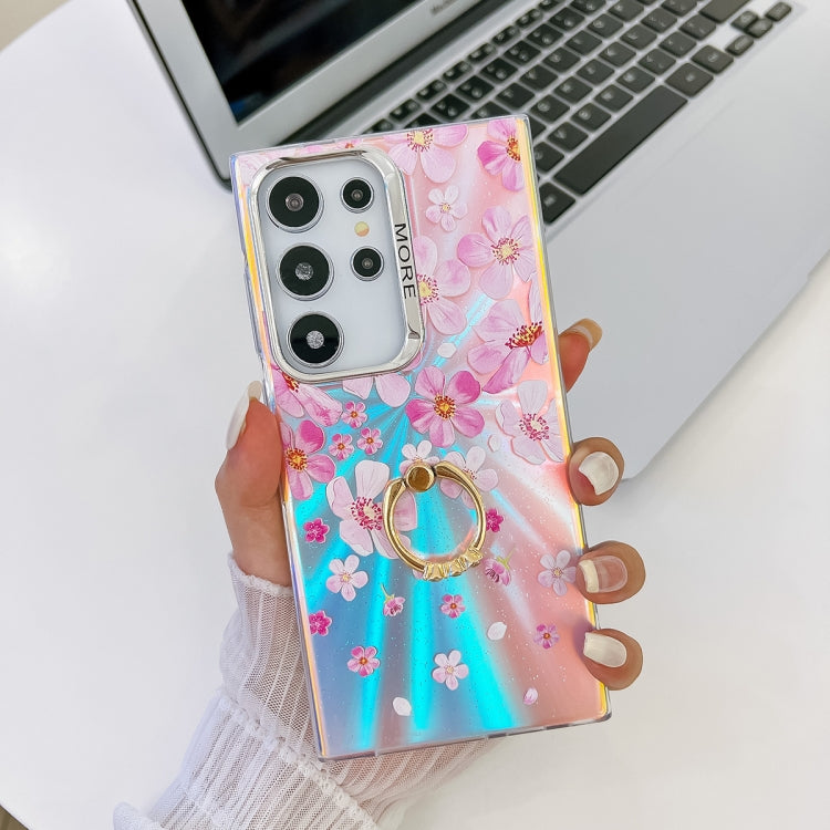 For Samsung Galaxy S24 Ultra 5G Electroplating Laser Flower Ring Holder TPU Phone Case(Pink Flower AH13) - HoMEdemic™ 