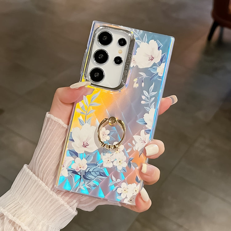 For Samsung Galaxy S24 Ultra 5G Electroplating Laser Flower Ring Holder TPU Phone Case(White Flower AH10) - HoMEdemic™ 