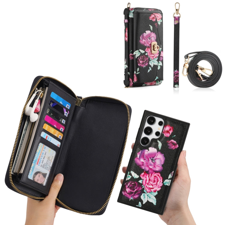 For Samsung Galaxy S24 Ultra 5G Flower Multi-functional Crossbody Zipper Wallet Leather Phone Case(Black) - HoMEdemic™ 