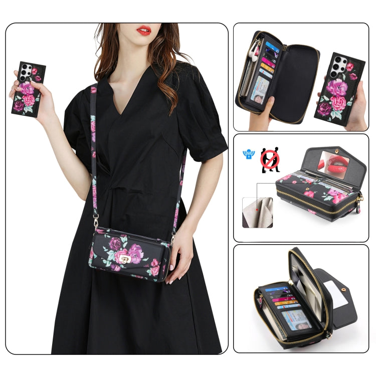For Samsung Galaxy S24 Ultra 5G Flower Multi-functional Crossbody Zipper Wallet Leather Phone Case(Black) - HoMEdemic™ 
