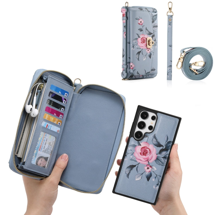 For Samsung Galaxy S24 Ultra 5G Flower Multi-functional Crossbody Zipper Wallet Leather Phone Case(Blue) - HoMEdemic™ 